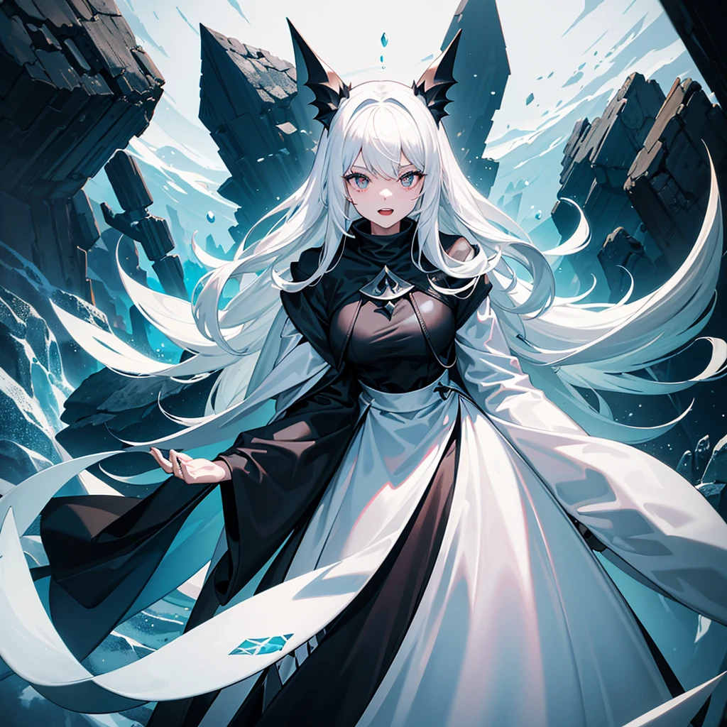 A fish with white hair wearing a black hood with teeth, a black cloak, a black dress with a shark fin, the animals behind her, a lot of fire, a huge man around bubbles of worlds
