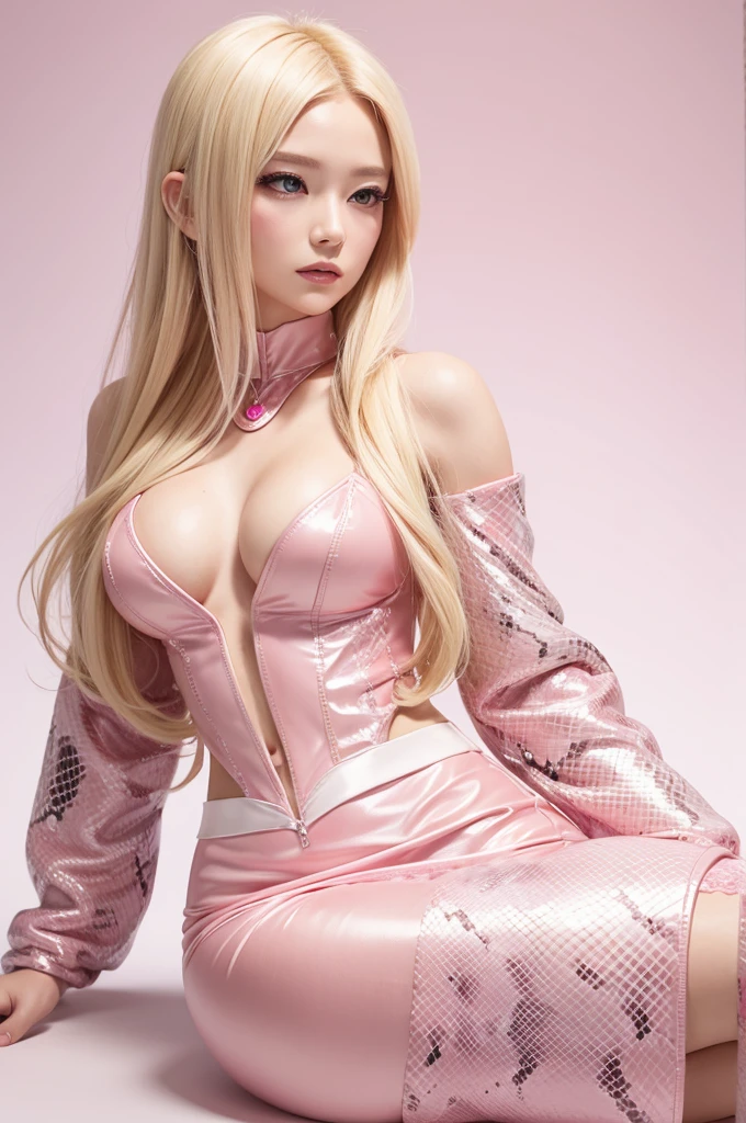 Blonde snake woman,with pink wedding outfit,White background