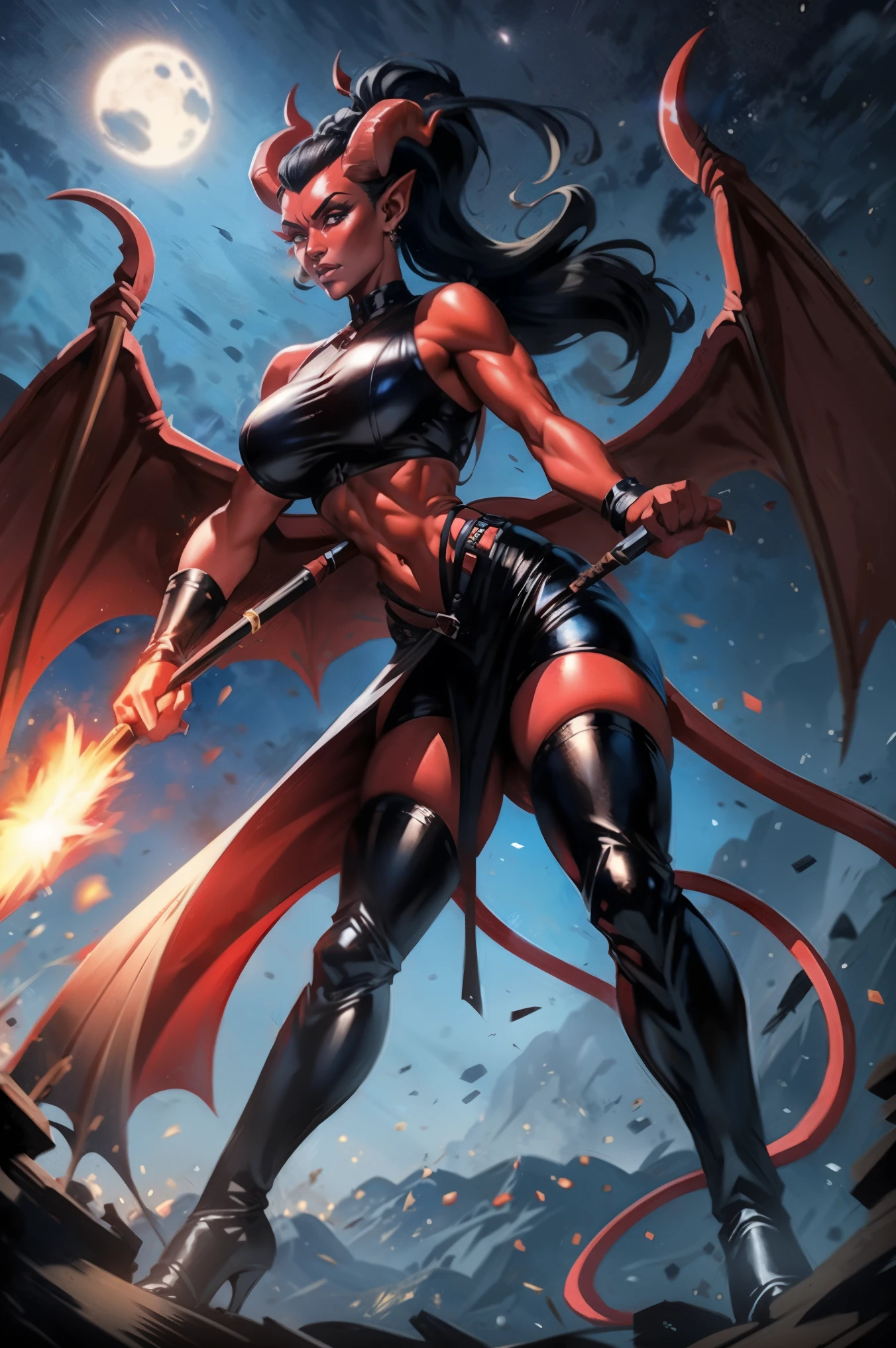 Red skin succubus tiefling, digitigrade legs, medium breasts, black horns, wings, huge tail, black leather, crop top, long flowing pelvic curtain, tall, toned, graceful, thin, long black ponytail. Action scene, whip. Dark scene, explosions, night sky.