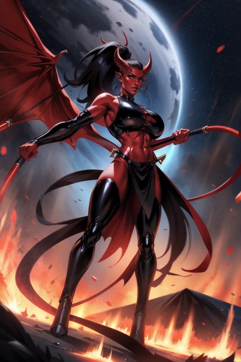 Red skin succubus tiefling, digitigrade legs, medium breasts, black horns, wings, huge tail, black leather, crop top, long flowing pelvic curtain, tall, toned, graceful, thin, long black ponytail. Action scene, whip. Dark scene, explosions, night sky.