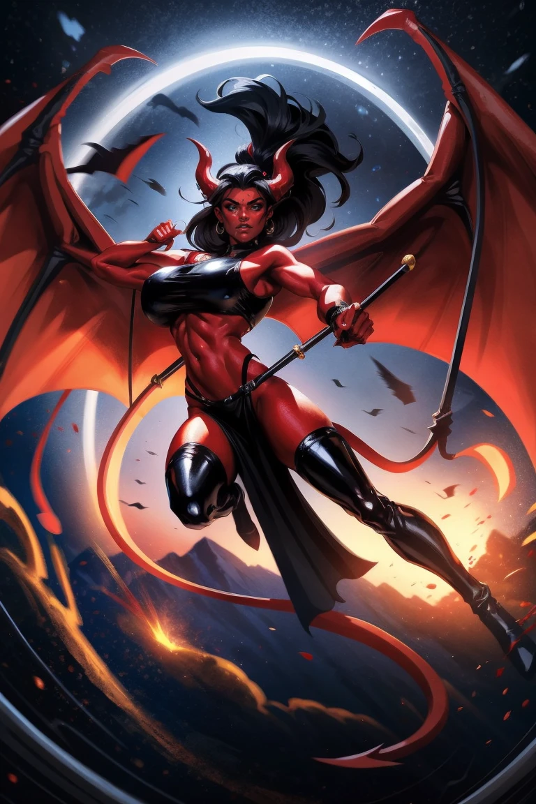 Red skin succubus tiefling, digitigrade legs, medium breasts, black horns, wings, huge tail, black leather, crop top, long flowing pelvic curtain, tall, toned, graceful, thin, long black ponytail. Action scene, whip. Dark scene, explosions, night sky.