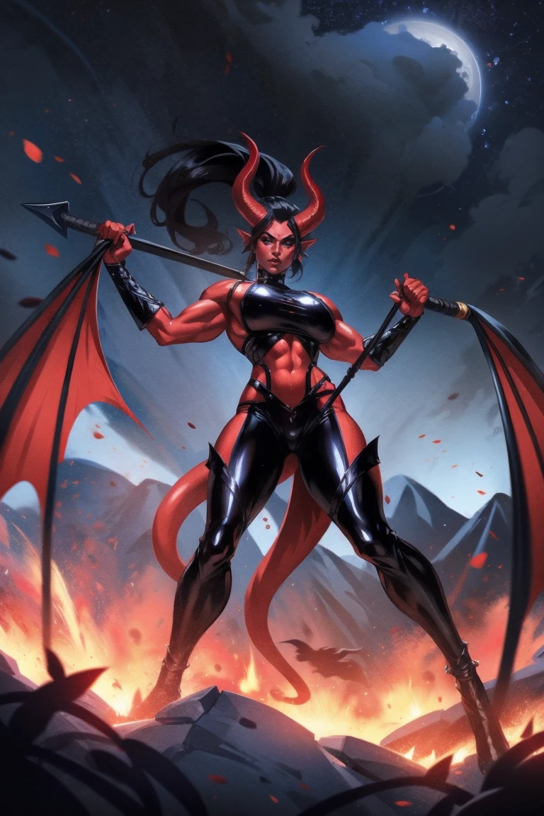 Red skin succubus tiefling, digitigrade legs, medium breasts, black horns, wings, huge tail, black leather, crop top, long flowing pelvic curtain, tall, toned, graceful, thin, long black ponytail. Action scene, whip. Dark scene, explosions, night sky.