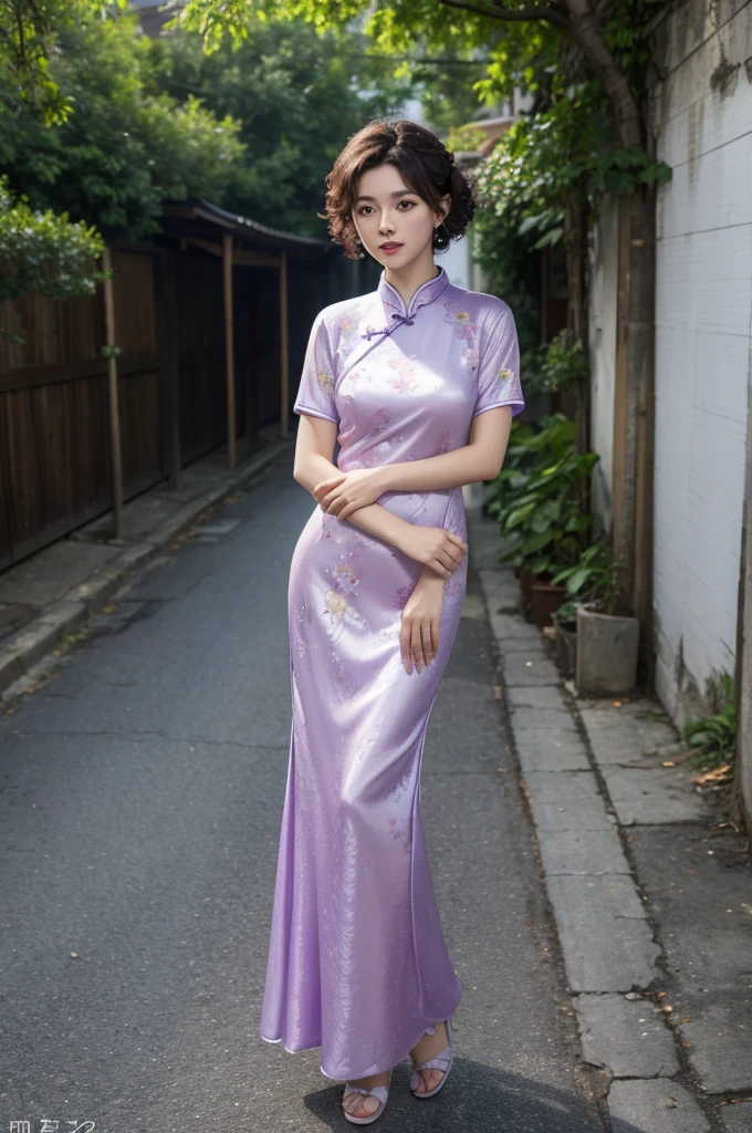RAW photos, best quality), (Photo-real:1.3), best quality, Very detailed, masterpiece, Ultra Detailed, illustration, 1 Girl,8k wallpaper,amazing,Level lighting effects,Natural soft lighting,Short curly hair,Purple Fashion Cheongsam,During the day,Exterior,street,For the audience,stand up