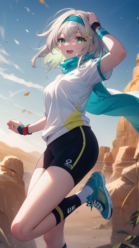 (8K, best quality, master piece: 1.3),super high resolution,1 girl, solo, full body ,ultra-detailed face, silme, (ash hair), thin hair clip, cyan colorshift eyes, expressive eyes, Ecstatic expression, Sportswear, nylon, spandex, white, red, headband, wristbands, Desert oasis, gold, blue, green, bright and warm