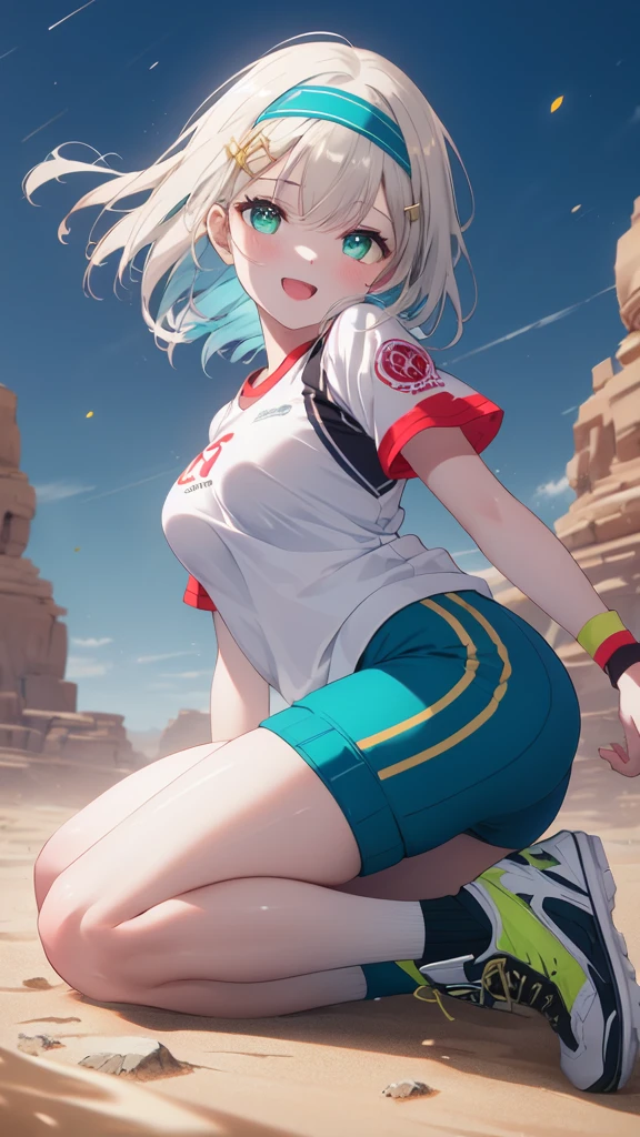 (8K, best quality, master piece: 1.3),super high resolution,1 girl, solo, full body ,ultra-detailed face, silme, (ash hair), thin hair clip, cyan colorshift eyes, expressive eyes, Ecstatic expression, Sportswear, nylon, spandex, white, red, headband, wristbands, Desert oasis, gold, blue, green, bright and warm