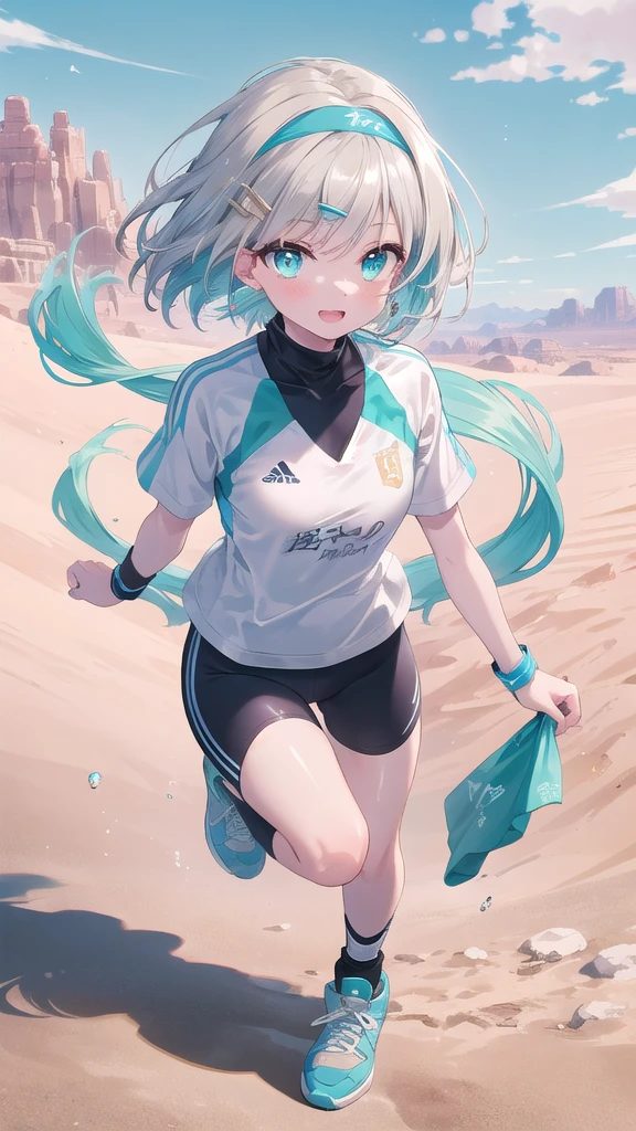(8K, best quality, master piece: 1.3),super high resolution,1 girl, solo, full body ,ultra-detailed face, silme, (ash hair), thin hair clip, cyan colorshift eyes, expressive eyes, Ecstatic expression, Sportswear, nylon, spandex, white, red, headband, wristbands, Desert oasis, gold, blue, green, bright and warm