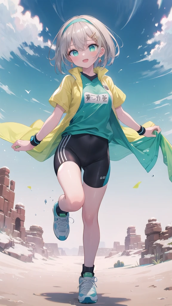 (8K, best quality, master piece: 1.3),super high resolution,1 girl, solo, full body ,ultra-detailed face, silme, (ash hair), thin hair clip, cyan colorshift eyes, expressive eyes, Ecstatic expression, Sportswear, nylon, spandex, white, red, headband, wristbands, Desert oasis, gold, blue, green, bright and warm