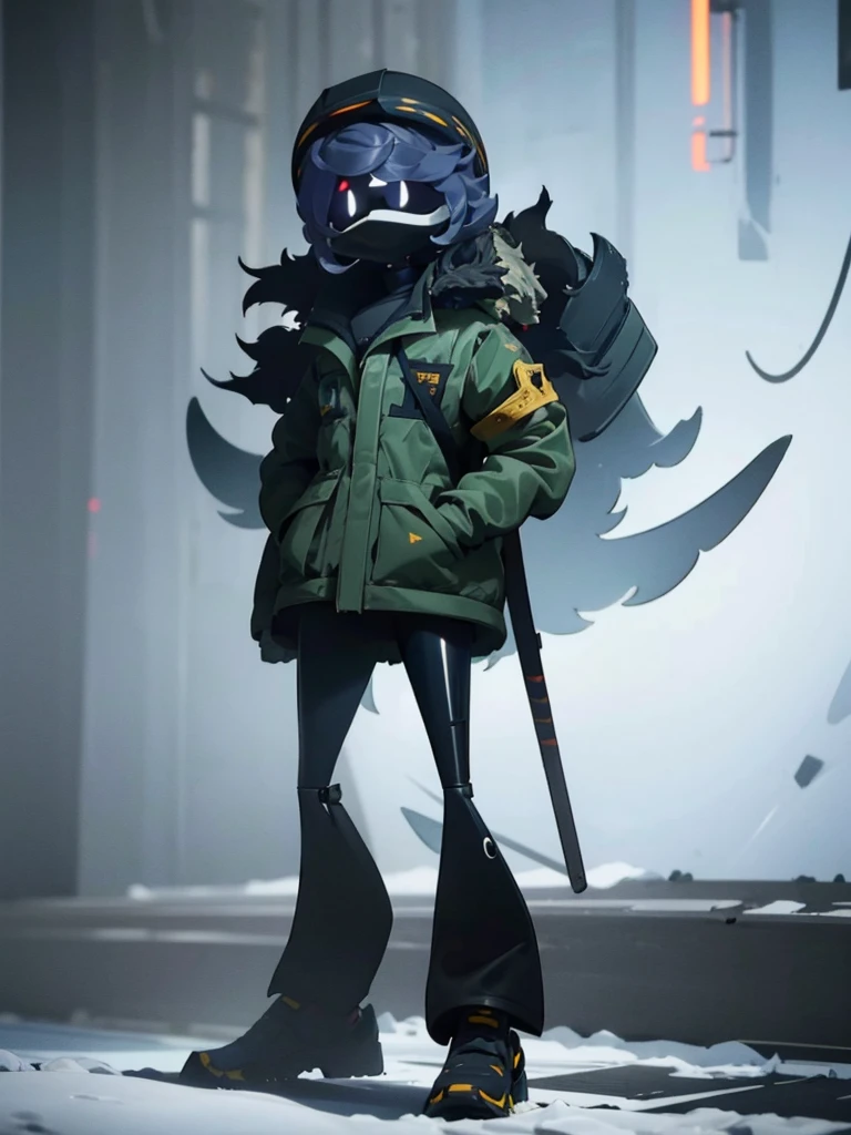 Male, ?????? Drone, wearing modified tactical gear and full-face tactical mask, face concealed by mask, no visible face, standing at attention, hands in pockets, fully in frame, full body shot, facing viewer, lone figure, sole figure, alone, ?????? Drones style