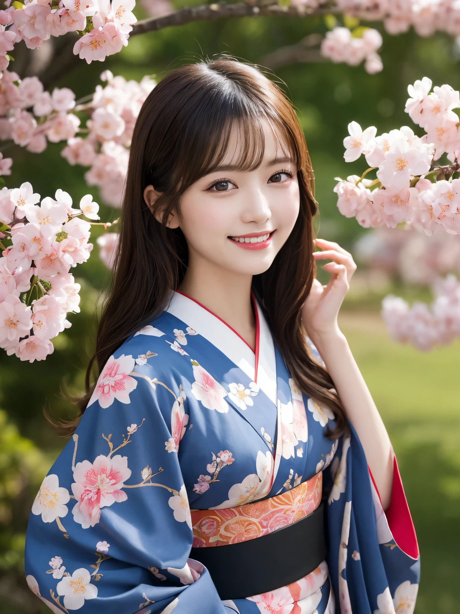 masterpiece, best quality, illustration, ultra-detailed, finely detailed, high resolution, 8K wallpaper, perfect dynamic composition, beautiful detailed eyes, cherry blossoms, traditional kimono clothing, long hair, cheerful expression, cute, smile, looking at camera