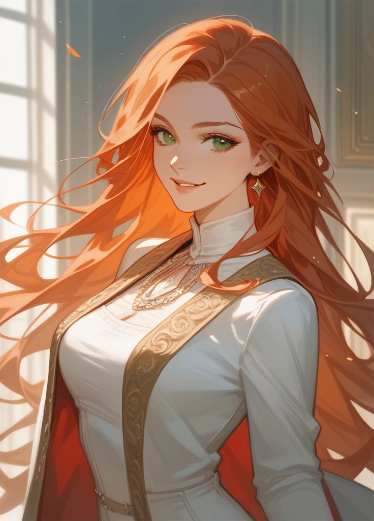 (score_9,score_8_superior,score_7_superior),One girl,Girl,Redhead,Green Eyes,beautiful_face,gentlemen,English,
Long Hair, smile,