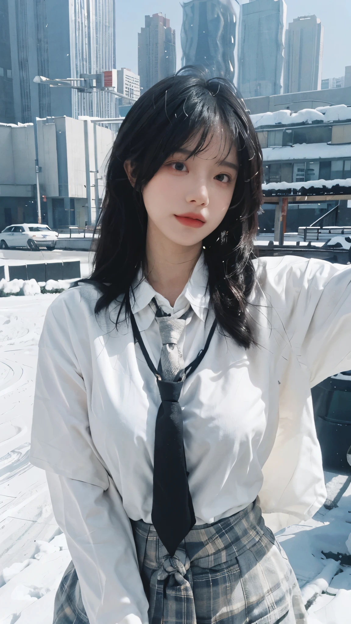 Best quality,masterpiece,Ultra-high resolution,snow,16K,Snow background,(Photo Realism:1.4),1 Girl,JK,Sexy,(Shirt and Tie:1.2),(Big breasts:2.3),(Upper body:1.4)