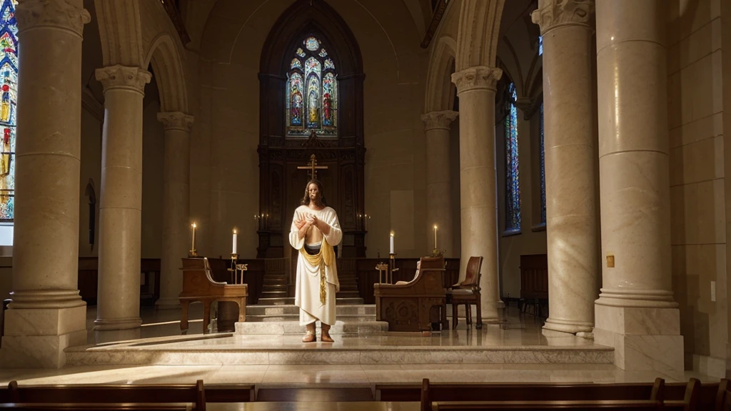 Imagine a deeply contemplative scene inside a historic and solemn church. The soft light that penetrates through the colored stained glass windows creates a play of colors on the polished marble floor.. Carved wooden benches and antique architectural details lend an air of veneration and reverence to the sacred space.
In the center of the main nave, an image of Jesus Christ is the main focus. He is represented in a painting or sculpture that captures His divine and human presence in a unique way. Their eyes, full of compassion and mercy, seem to look directly at every person who enters the church, inviting reflection and spiritual communion.
The natural light that illuminates the image of Jesus seems to emanate an aura of peace and serenity around him.. Soft shadows create a delicate contrast, emphasizing the soft features of His face and the serene expression that conveys a deep sense of universal love.
Around the image of Jesus, There are candles burning in a golden candelabra, whose flame gently flickers, Adding an ethereal glow to the scene. fresh flowers, simply arranged in clay pots, complement the atmosphere of worship and contemplation.
This image not only captures the artistic beauty and spirituality of the church environment, but also conveys the eternal message of hope, forgiveness and salvation that Jesus Christ represents for the faithful who seek comfort and spiritual guidance in His presence.