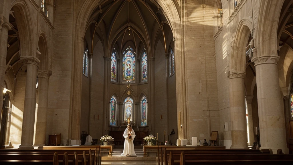 Imagine a deeply contemplative scene inside a historic and solemn church. The soft light that penetrates through the colored stained glass windows creates a play of colors on the polished marble floor.. Carved wooden benches and antique architectural details lend an air of veneration and reverence to the sacred space.

In the center of the main nave, an image of Jesus Christ is the main focus. He is represented in a painting or sculpture that captures His divine and human presence in a unique way. Their eyes, full of compassion and mercy, seem to look directly at every person who enters the church, inviting reflection and spiritual communion.

The natural light that illuminates the image of Jesus seems to emanate an aura of peace and serenity around him.. Soft shadows create a delicate contrast, emphasizing the soft features of His face and the serene expression that conveys a deep sense of universal love.

Around the image of Jesus, There are candles burning in a golden candelabra, whose flame gently flickers, Adding an ethereal glow to the scene. fresh flowers, simply arranged in clay pots, complement the atmosphere of worship and contemplation.

This image not only captures the artistic beauty and spirituality of the church environment, but also conveys the eternal message of hope, forgiveness and salvation that Jesus Christ represents for the faithful who seek comfort and spiritual guidance in His presence.