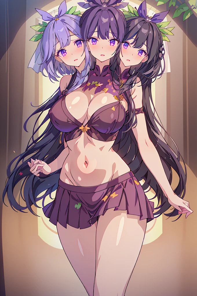 (masterpiece, best quality), best quality, best resolution, (ultra-detailed), ((3heads:1.5)), 1girl, (hisami yomotsu:1.3), masterpiece, best quality, ultra quality, ultra resolution, ultra detail, purple top, crop top, ((stomach)), midriff, ((groin)), purple skirt, normal ears, shackles, jet-black hair, very long hair, wavy hair, sidelocks, purple eyes, very detailed eyes, parted lips, open belly, sweat, cute, toned belly, hand on own chest, eyelashes, (25 year old woman:1.3), (masterpiece:1.5), (best quality:1.5), (beautiful detailed), extremely detailed CG, extremely delicate and beautiful, depth of field, (finely detailed face), (perfect details:1.2), (mature female:1.3), wide pelvis, slender, large veiny breast, 16k resolution, highres very high quality, very high definition, extremely detailed, masterpiece, jet-black hair, long hair, alluring presence, braid, short skirt, close up, very big tits, huge tits, young, girl with three heads, three headed girl, NSFW,
