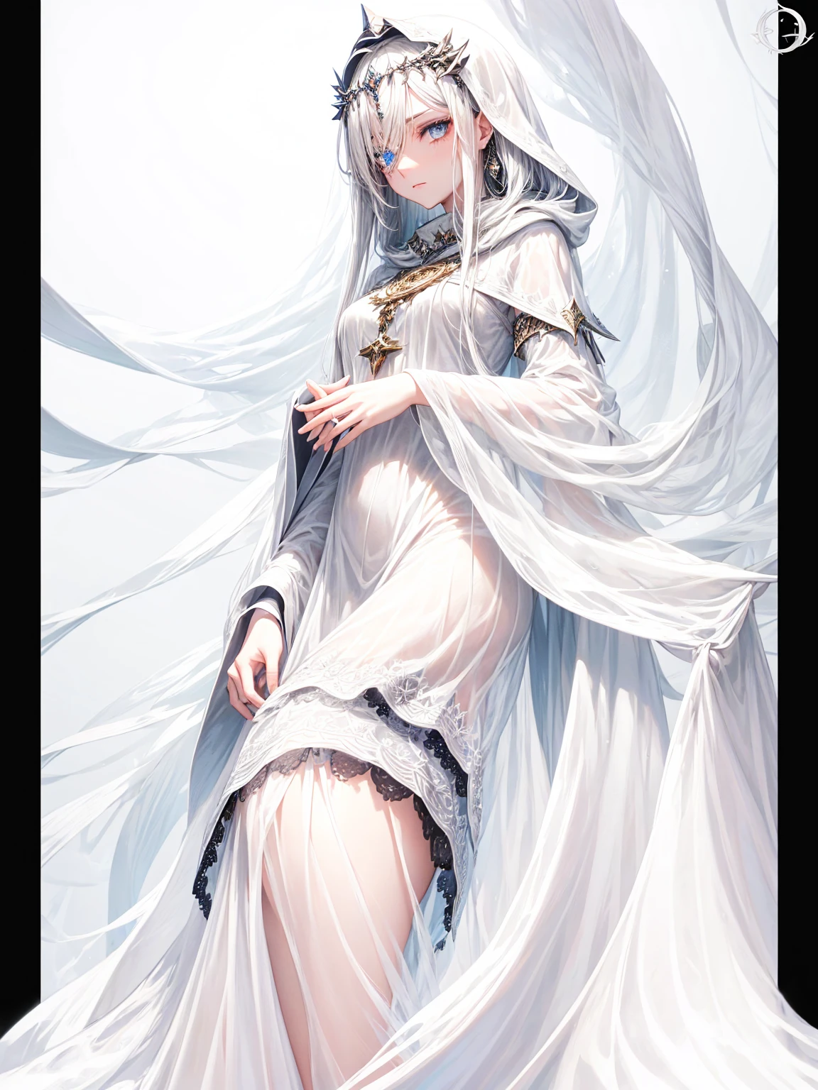 a young dark fantasy church priestess, with long black hair and white streaks, wearing an eyepatch on one eye, and her blueish green eyes, she cares a serious expression on her face and an angel like appearance, she wears elegant yet simple and modest black outfit, with some silver jewelry, she also wears a long see through veil on her head, with a faded sliver star shaped halo at the behind her head, she is holding her hands together symbolizing a prayer gesture.Long Hair, Black Hair, Blue eyes, mysterious, Hood, Halo, Anatomically Correct, Best Quality, Accurate, High Resolution, Looking at viewer, back view