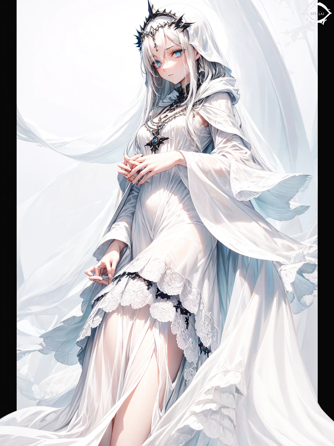 a young dark fantasy church priestess, with long black hair and white streaks, wearing an eyepatch on one eye, and her blueish green eyes, she cares a serious expression on her face and an angel like appearance, she wears elegant yet simple and modest black outfit, with some silver jewelry, she also wears a long see through veil on her head, with a faded sliver star shaped halo at the behind her head, she is holding her hands together symbolizing a prayer gesture.Long Hair, Black Hair, Blue eyes, mysterious, Hood, Halo, Anatomically Correct, Best Quality, Accurate, High Resolution, Looking at viewer, back view