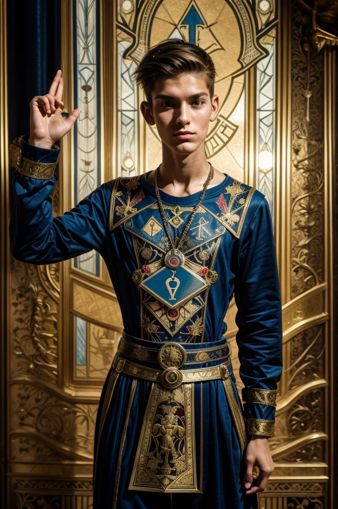 Tarot cards, Use gestures and elements like The Fool cards., Extremely high detail, Male, 18 years old, tall and thin.,Dress like a teenager from the 80's, wearing a red cap, Wear a white t-shirt There is a red border on the neck and sleeves., Wear jeans, There is a tear on the knee., Wearing white sneakers., The background uses elements like The Fool cards.