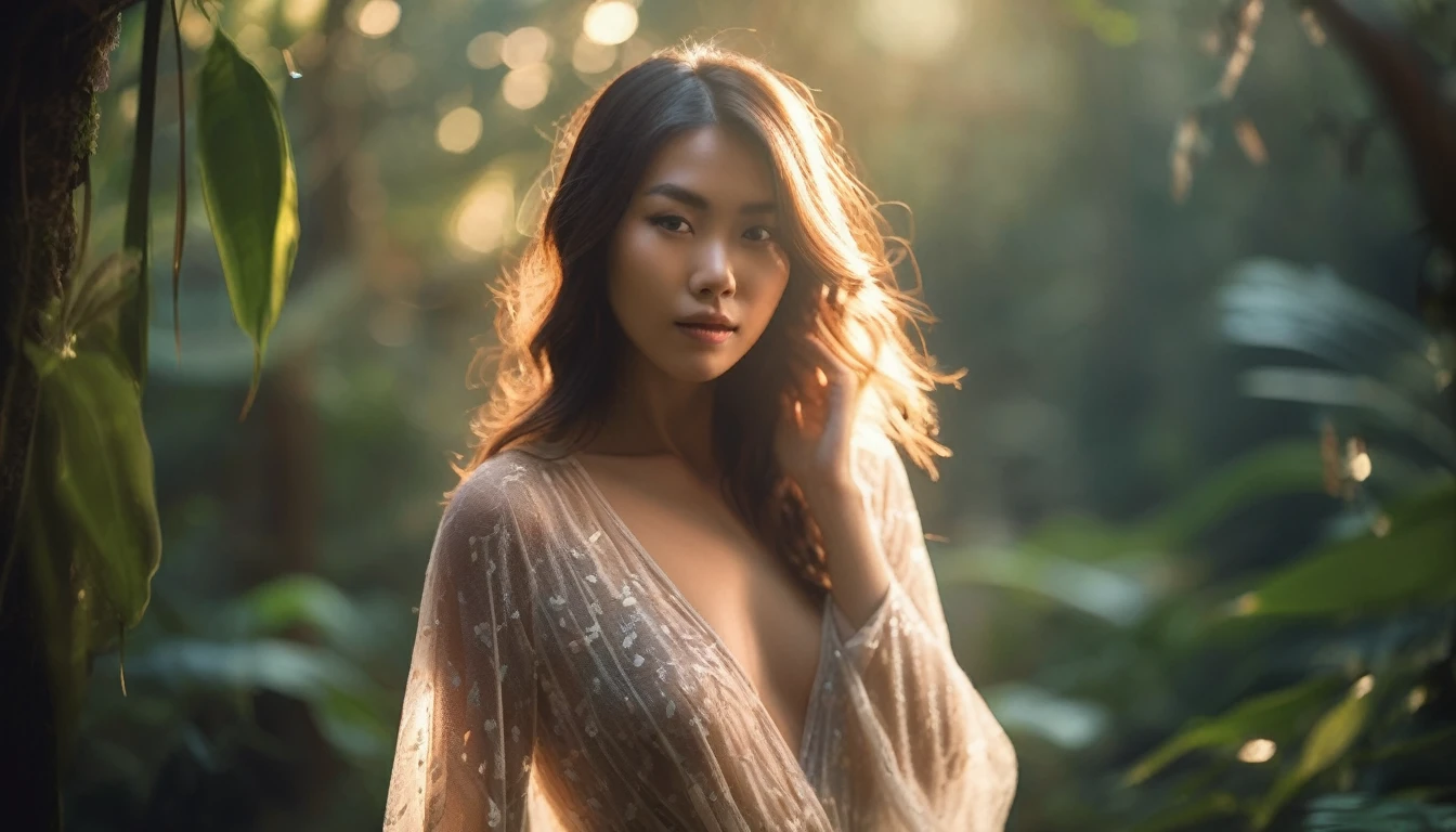cinematic photo photo realistic full body erotic photo of (gorgeous young woman:1.125) wearing see-through negligee, innocent Asian woman (playful expression:0.9) with hands raised artistically, (natural skin texture, wet moist skin, pokies:1.275), forest nymphs in background, early morning soft lighting, virgin misty jungle milky mist, undressed bottomless girl, (hidden pathways, intricate fantastic flowers, (intricate realistic flame:1.125):1.15), (light leaks, light flares and caustics, subsurface light scattering, (swirly bokeh:1.125), depth of field, (analog film grain:1.125):0.93) . 35mm photograph, film, bokeh, professional, 4k, highly detailed