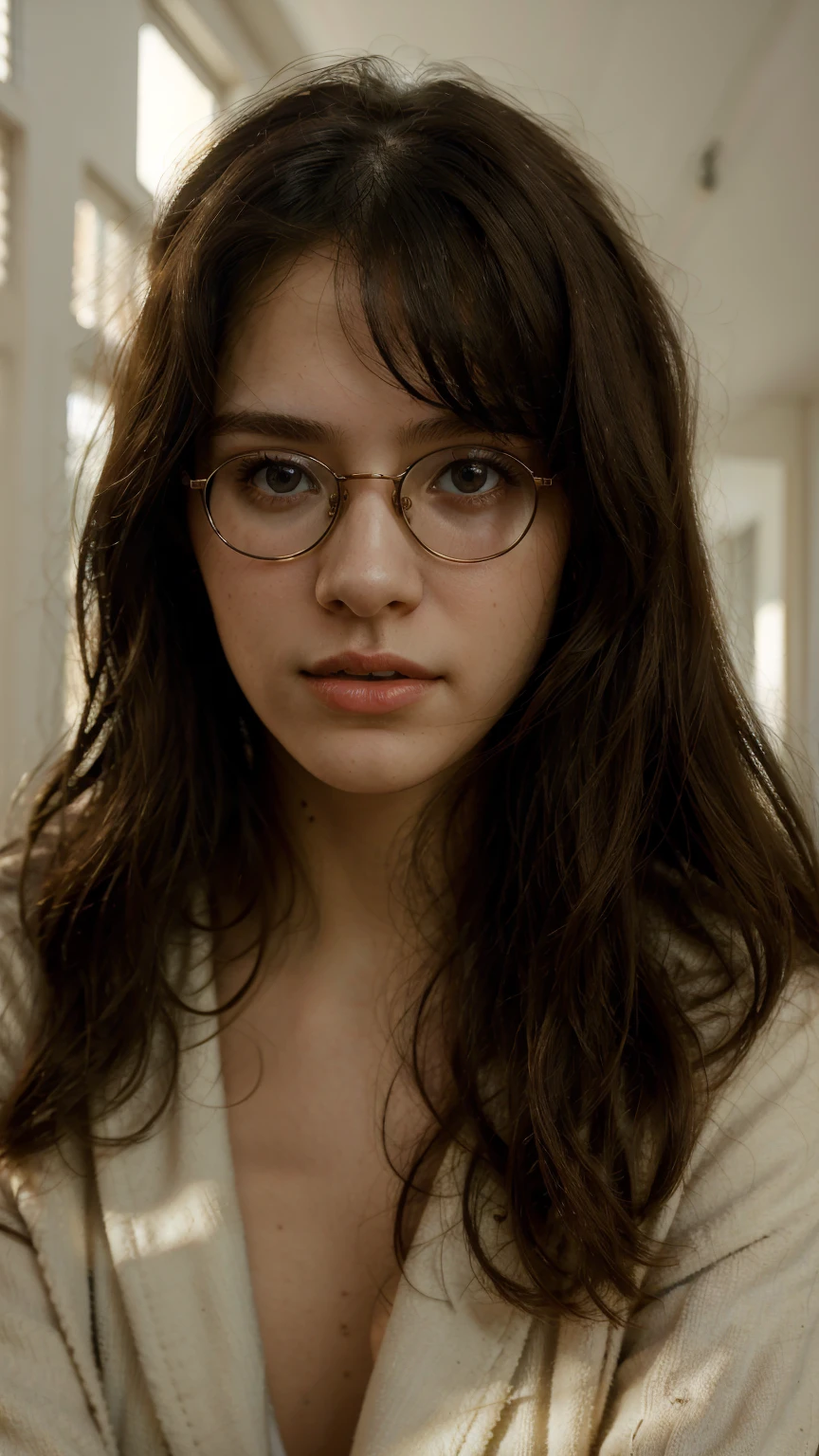(Highest quality, masterpiece), One Girl, Spotted sunlight, indoor, Glasses, shy, 1 girl, Young girl, (It gives me goosebumps:0.7), Beautiful Face, (eyeliner, lipstick:0.9), 4K, 8k, 超High resolution, High resolution, detailed background, background