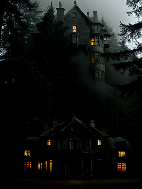 This is a mansion that has been in disrepair for a long time.,Gray and black overall,Looks very impressive,But at the same time it gives people a sense of horror,The mansion is surrounded by fog,There is a forest next to it,The forest is filled with a faint blue light