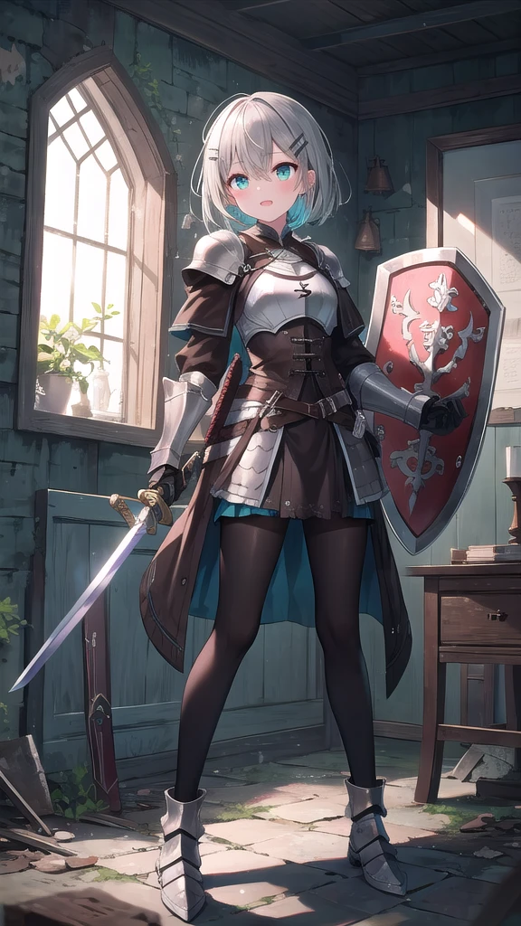 (8K, best quality, master piece: 1.3),super high resolution,1 girl, solo, full body ,ultra-detailed face, silme, (ash hair), thin hair clip, cyan colorshift eyes, expressive eyes, Ecstatic expression, Medieval knight armor, steel, leather, silver, brown, sword, shield, Abandoned castle, gray, green, brown, dim and mysterious