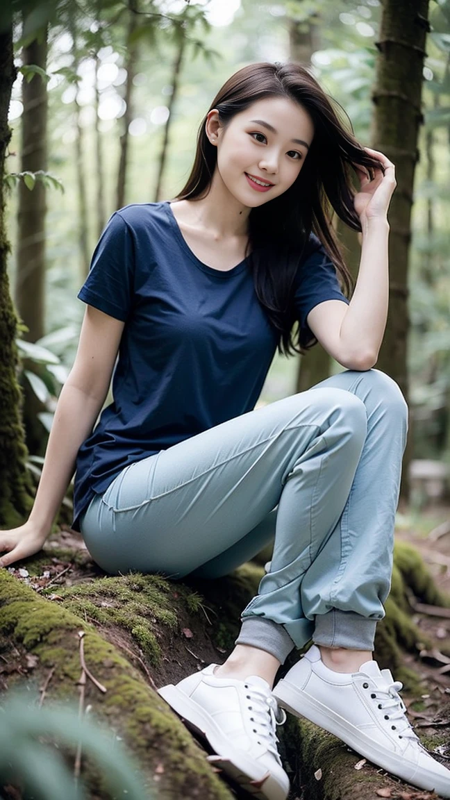 masterpiece, best quality, Surreal, Ultra Detailed, 8k resolution, RAW photos, Clear focus, (A girl in the forest), ((navy blue shirt:1.1)), Short sleeve, Long sweatpants,Full body posture, Solitary, Perfect body, Become a, 32 inches in the chest,(a charming smile:1), (sexy pose),26 years old, light,White shoes