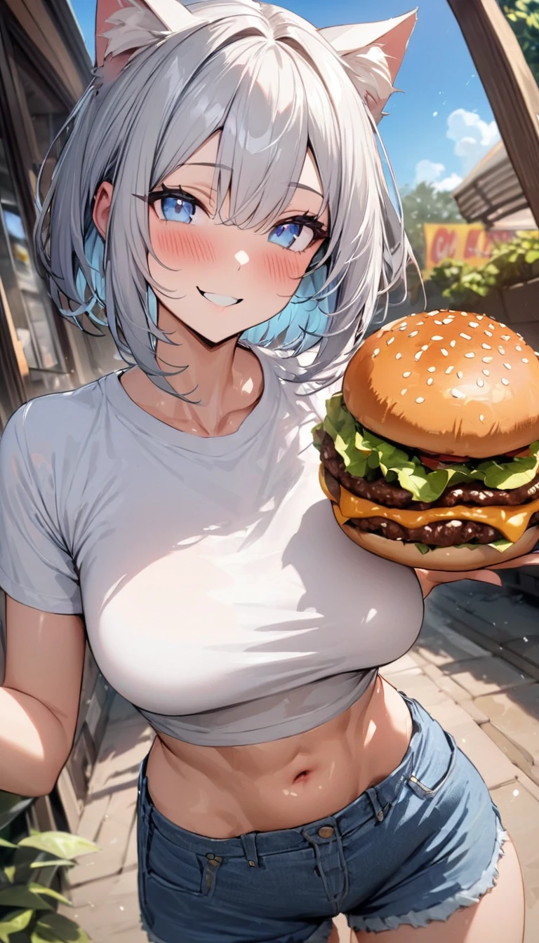 (((best quality)), ((masterpiece)), (details), masterpiece, best quality, high quality, ulutra detailed, perfect face, ((1girl, blue eyes, cat ears: 1.3 silver bob hair: 2.5,)) 、Shiny Hair、Glowing Skin、blush、Lustful look、smile、Eat a cheeseburger with both hands、garden、blue sky、Side Angle、Gobble、T-Shirts、I can see your toned stomach、Denim shorts、High-top sneakers、