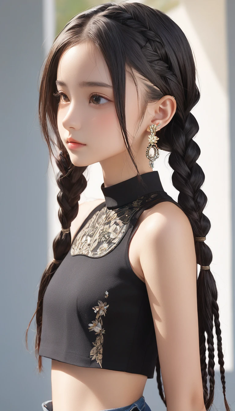 (masterpiece, Highest quality:1.2), One girl, alone,bony body、15 years old、cornrow cut、Earrings