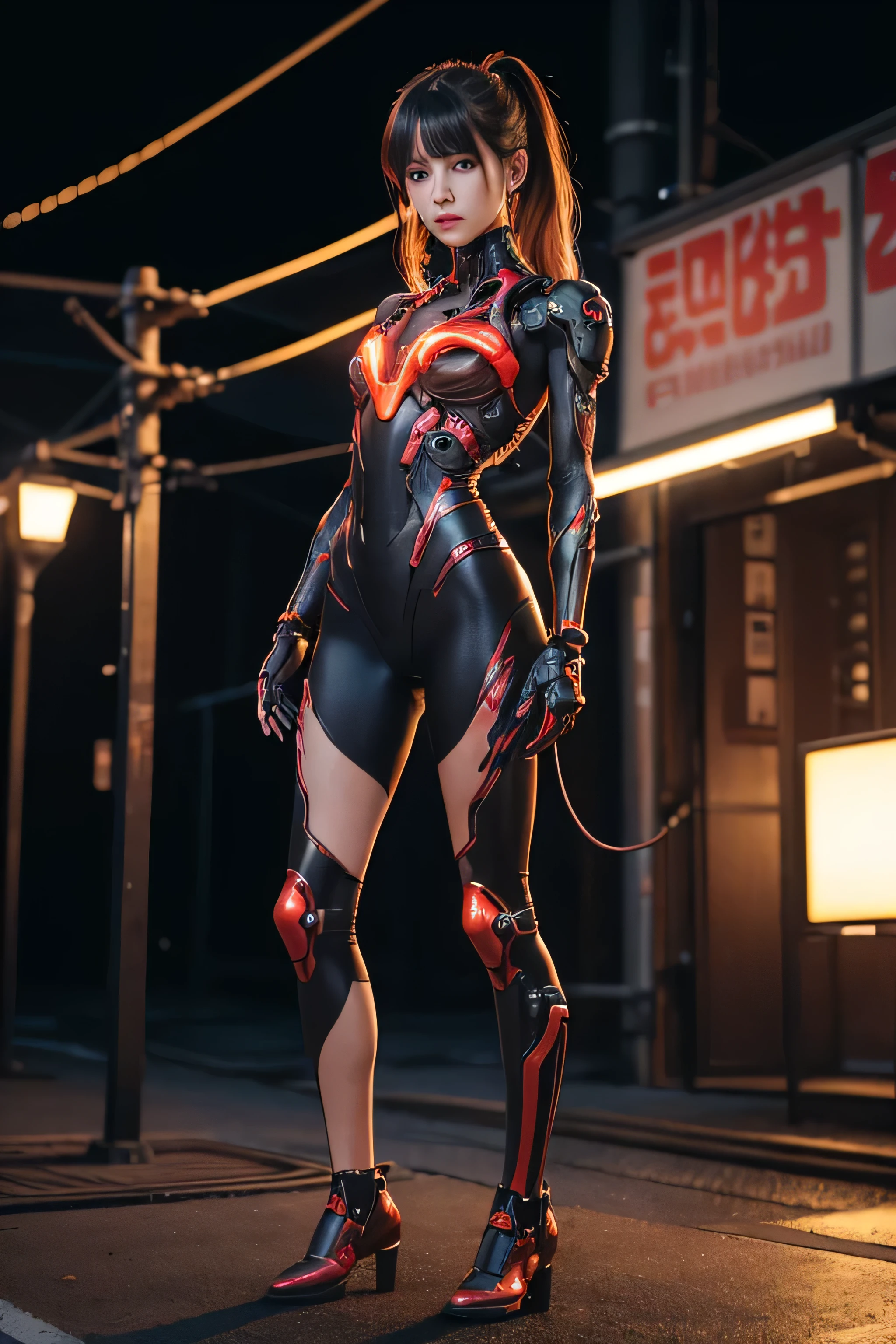 Top Quality, Masterpiece, Ultra High Resolution, (Photorealistic: 1.4), Raw Photo, 1 cyberpunk Girl, Glossy Skin, 1 Mechanical Girl, (Ultra Realistic Detail)), (((Full body shot))), Global Illumination, Contrast, Shadows, Octane Rendering, 8K, Ultra Sharp, Raw Skin, Metal, Intricate Ornament Details, Japan Details, Very intricate details, realistic light, CGSoation trend, facing the camera, neon details, mechanical limbs, blood vessels connected to the tube, mechanical vertebrae attached to the back, mechanical cervical attachment to the neck, wires and cables connecting to the head, gundam, small LED lamps.
