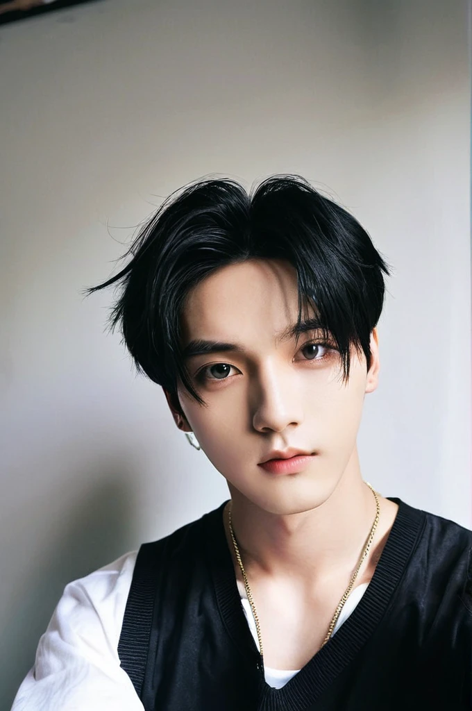 One boy, Young man with black hair (Mash Straight Hair),Male K-Pop Idols, Levi Ackerman, Medium portrait,chop, Beautiful Model, Oval Face, Vivid,Selfie,(In a dark room),The whole body is shown