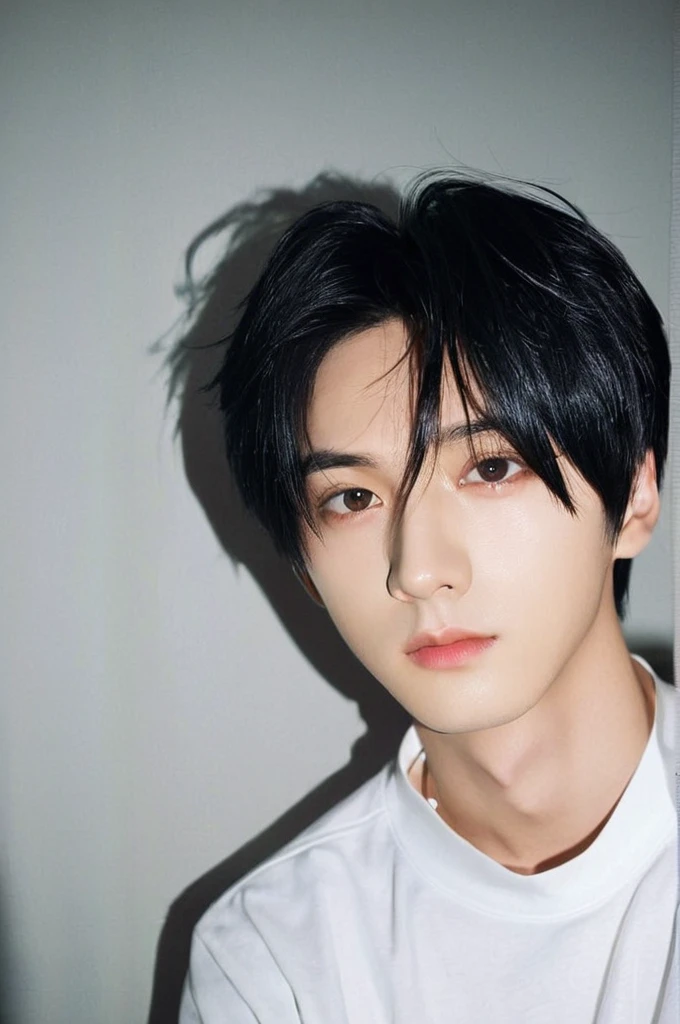 One boy, Young man with black hair  (Mash Straight Hair),Male K-Pop Idols, Levi Ackerman, Medium portrait,chop, Beautiful Model, Oval Face, Vivid,Selfie,(In a dark room),The whole body is shown