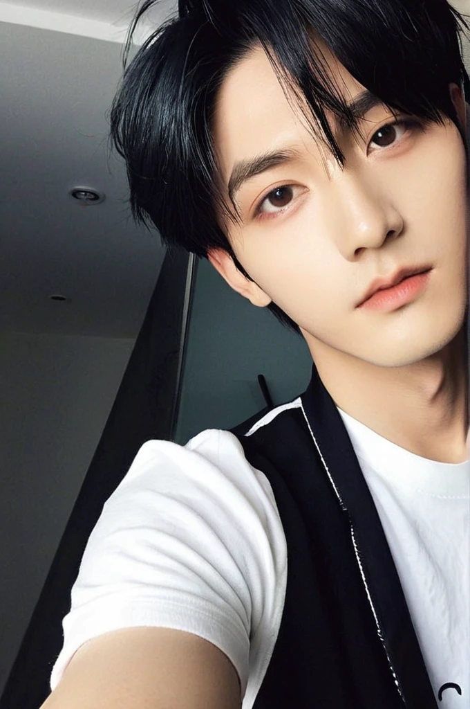 One boy, Young man with black hair (Mash Straight Hair),Male K-Pop Idols, Levi Ackerman, Medium portrait,chop, Beautiful Model, Oval Face, Vivid,Selfie,(In a dark room),The whole body is shown
