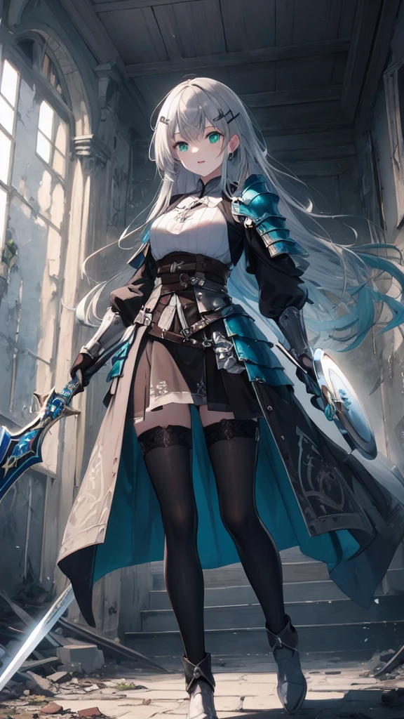 (8K, best quality, master piece: 1.3),super high resolution,1 girl, solo, full body ,ultra-detailed face, silme, (ash hair), thin hair clip, cyan colorshift eyes, expressive eyes, Ecstatic expression, Medieval knight armor, steel, leather, silver, brown, sword, shield, Abandoned castle, gray, green, brown, dim and mysterious