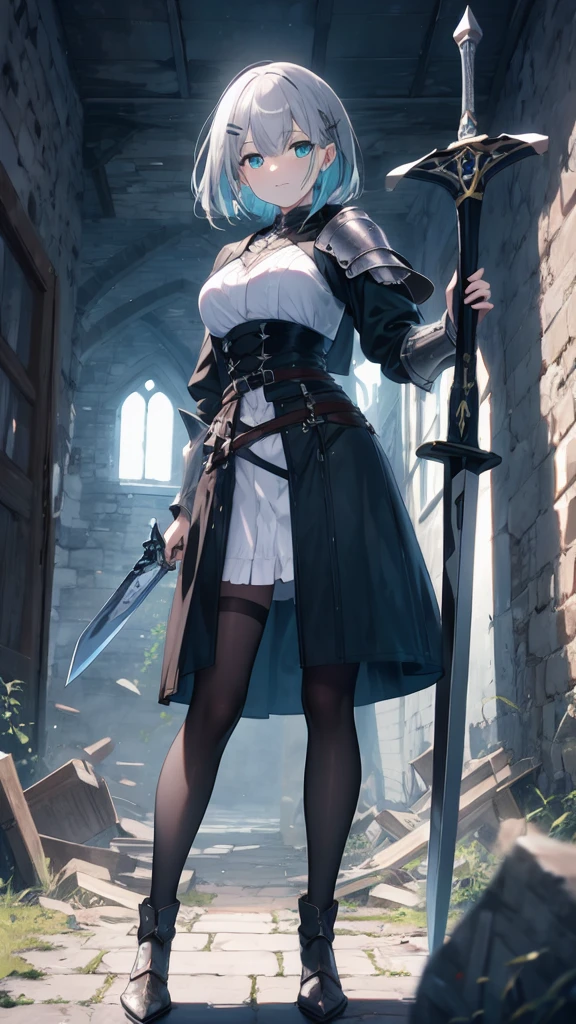 (8K, best quality, master piece: 1.3),super high resolution,1 girl, solo, full body ,ultra-detailed face, silme, (ash hair), thin hair clip, cyan colorshift eyes, expressive eyes, Ecstatic expression, Medieval knight armor, steel, leather, silver, brown, sword, shield, Abandoned castle, gray, green, brown, dim and mysterious