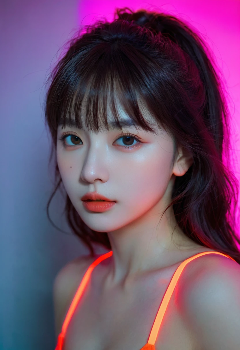 (upper body:1.5),8k, best quality, 1 Girl, (Skin Indentation), night, (dark), Indoor clear background, (people), Beautiful bangs, Gorgeous,, (Clothing and:1.3),Soft lighting, attractive, dark Room, (mouth close:1.2, beautiful eyes, Delicate eyes, Detailed iris, Beautiful lips, Beautiful nose, Pretty Face),(primary color:1.5),(Ambient Light:1.5),(Neon light:1.8),(Radioluminescence:1.8),