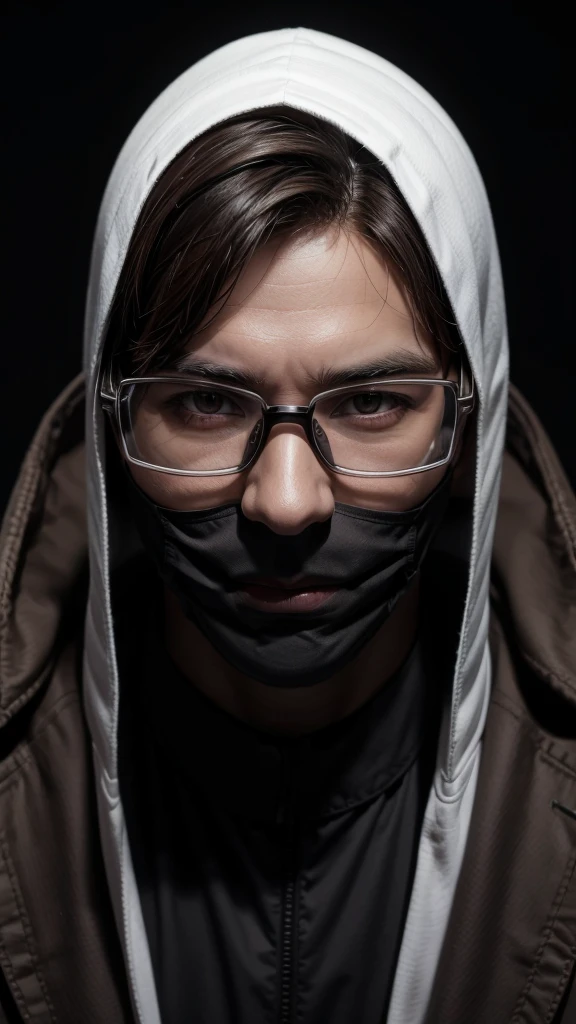 Man in black mask with big white glasses and dark brown tenno and dark background