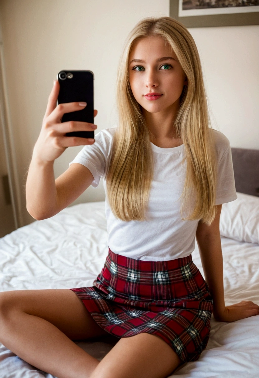 a beautiful 20 blonde girl with green eyes, long blonde hair, sitting on her bed, taking a cute selfie picture, perfect body proportion, wearing a top shirt and a skirt, detailed facial features, flawless skin, natural lighting, warm tones, 1girl, detailed face, masterpiece, detailed eyes, detailed lips, beautiful skin, natural lighting, warm colors, bedroom, bed, iPhone, selfie photo