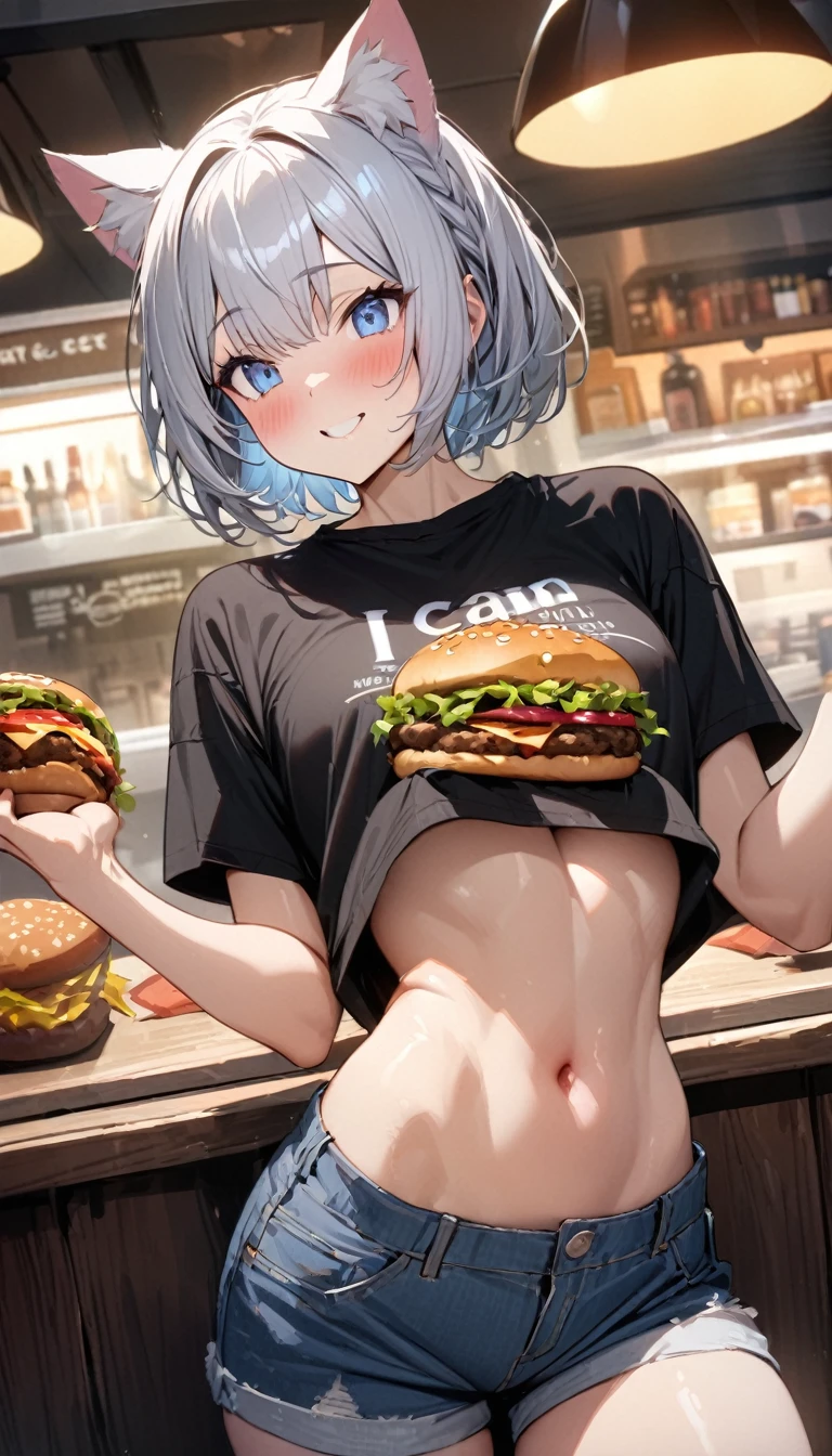 (((best quality)), ((masterpiece)), (details), masterpiece, best quality, high quality, ulutra detailed, perfect face, ((1girl, blue eyes, cat ears: 1.3 silver bob hair: 2.5,)) 、Shiny Hair、Glowing Skin、blush、Lustful look、smile、Eat a cheeseburger with both hands、Inside the hamburger shop、sit、Side Angle、Gobble、T-Shirts、I can see your toned stomach、Denim shorts、High-top sneakers、