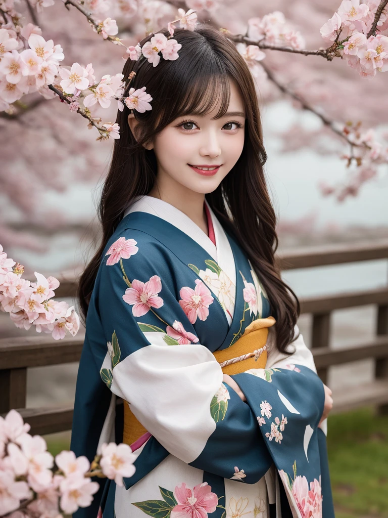 masterpiece, best quality, illustration, ultra-detailed, finely detailed, high resolution, 8K wallpaper, perfect dynamic composition, beautiful detailed eyes, cherry blossoms, traditional kimono clothing, long hair, cheerful expression, cute, smile, looking at camera
