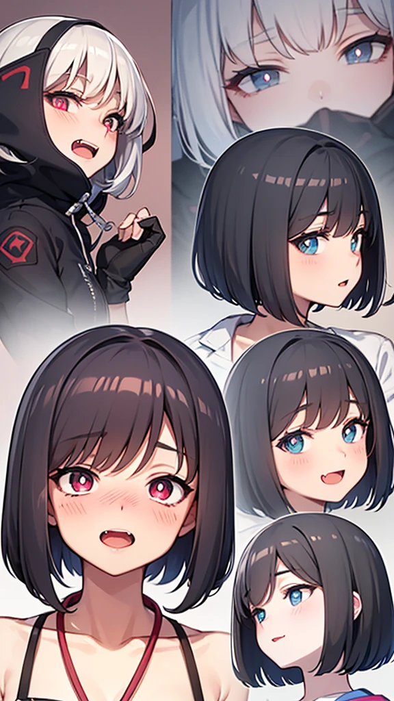 anime girl, grey hair,  long hair, short hair, straight hair, bob cut, surgical mask, dilated pupils, devil pupils, open mouth, embarrassed, blush, tongue out, expressionless, naughty face, naughty, yandere, fang, rape face, anime, Conceptual art, high detail, anime style, reference sheet, from side, from below, from behind, from above, UHD, masterpiece, anatomically correct, super detail, high details, high quality, best quality, highres, 8k, caracter design, art concep, medical jacket