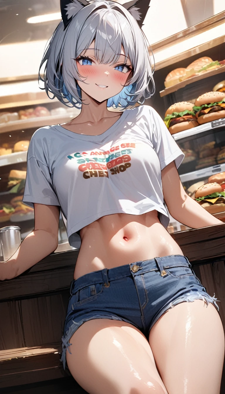 (((best quality)), ((masterpiece)), (details), masterpiece, best quality, high quality, ulutra detailed, perfect face, ((1girl, blue eyes, cat ears: 1.3 silver bob hair: 2.5,)) 、Shiny Hair、Glowing Skin、blush、Lustful look、smile、Eat a cheeseburger with both hands、Inside the hamburger shop、sit、Side Angle、Gobble、T-Shirts、I can see your toned stomach、Denim shorts、High-top sneakers、