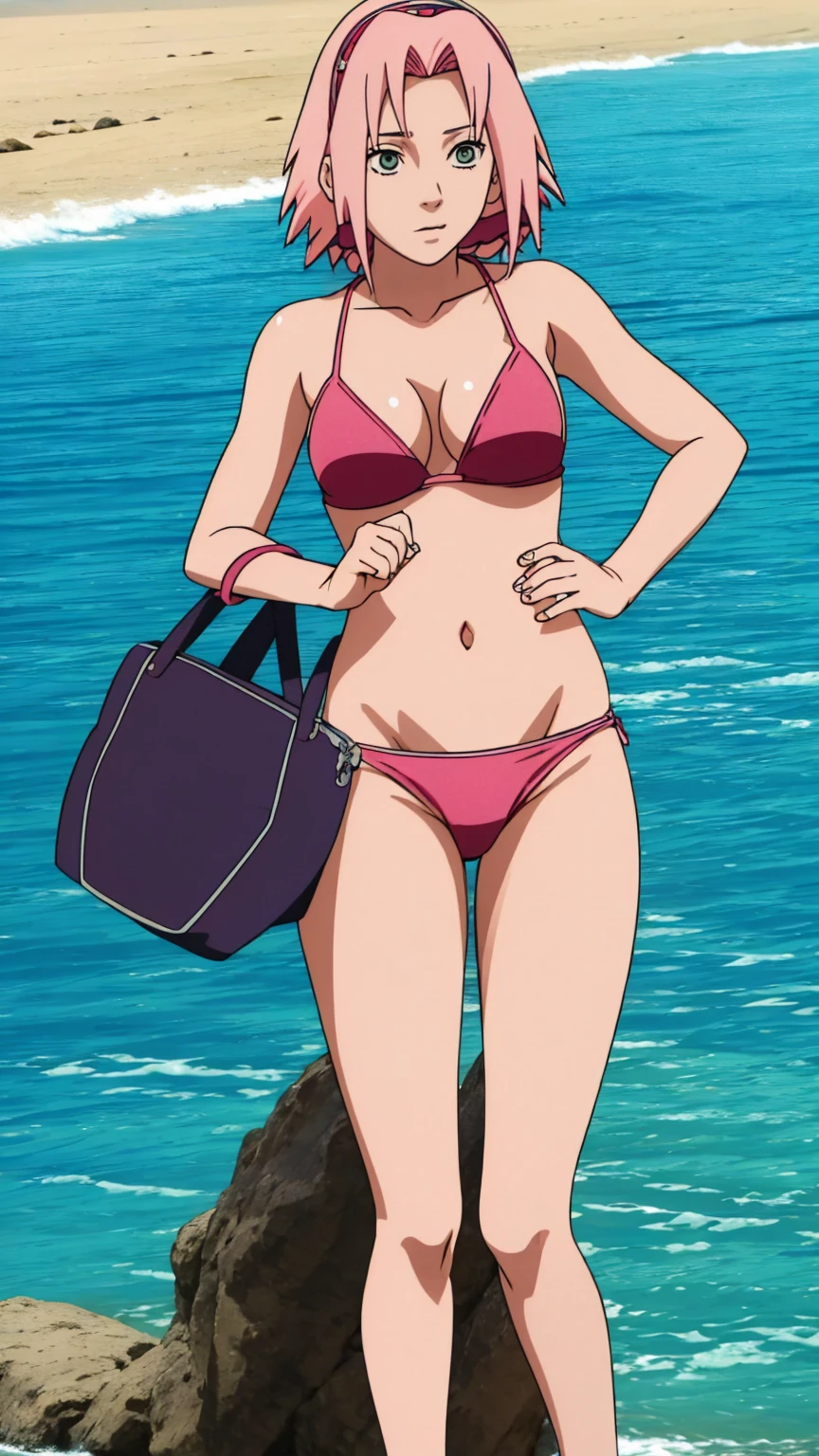 Sakura Haruno,On the beach she is wearing a bikini, pulling down her panty to show her pussy