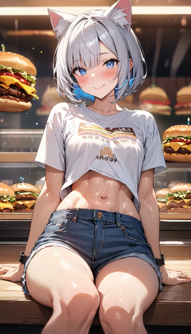 (((best quality)), ((masterpiece)), (details), masterpiece, best quality, high quality, ulutra detailed, perfect face, ((1girl, blue eyes, cat ears: 1.3 silver bob hair: 2.5,)) 、Shiny Hair、Glowing Skin、blush、Lustful look、smile、Eat a cheeseburger with both hands、Inside the hamburger shop、sit、Side Angle、Gobble、T-Shirts、I can see your toned stomach、Denim shorts、High-top sneakers、