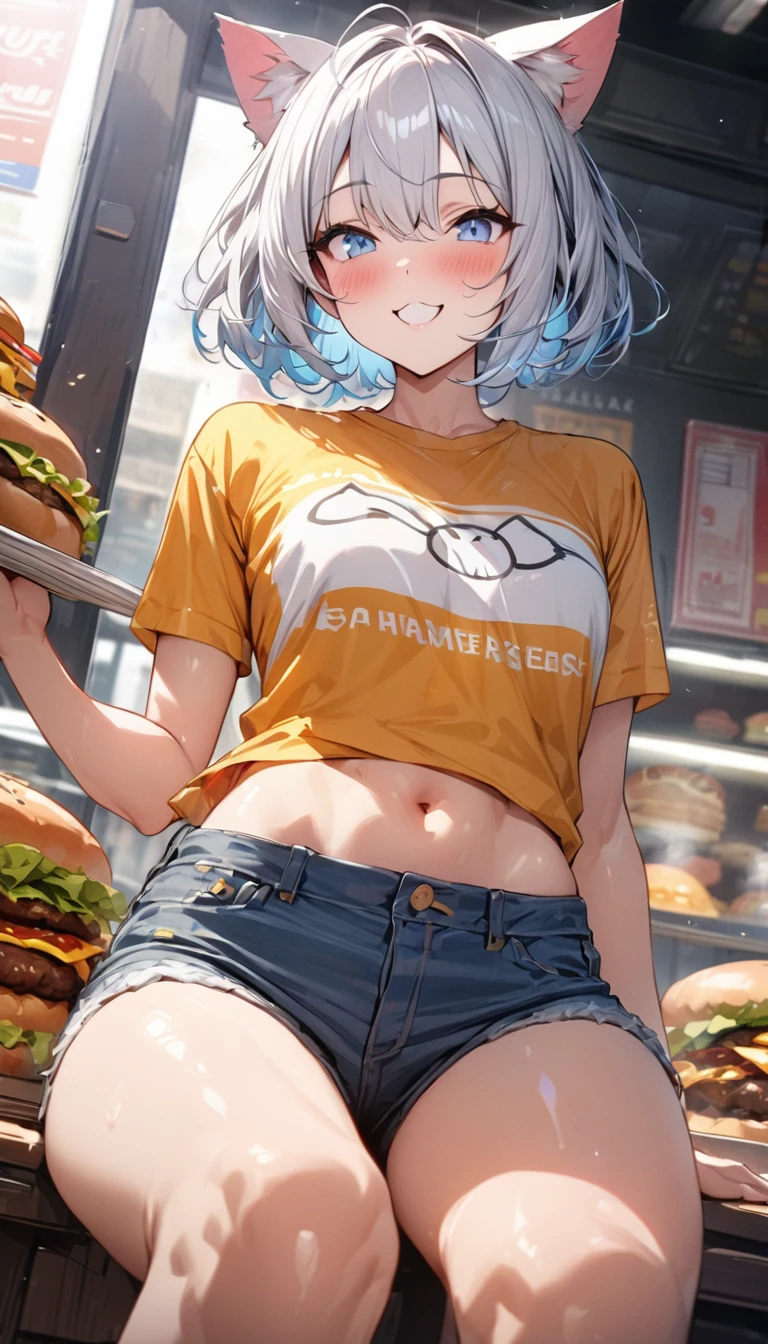 nsfw, masterpiece, 1 girl, erect nipples, intricately detailed, topless, navel, denim hotpants, kfc, bare shoulders, necklace, interior, dj, headset, baseball cap, citypop, erect nipples, puffy nipples, extremely detailed, photorealistic, octane render, 8 k, unreal engine, bare breasts, nipples, bare stomach, sweaty, people on background, moist breath, small breasts, flat chests, child, smiling, leaning forward, collarbone, wet body, pink hair, ray of lights, nipple-piercing, fast food counter, nipple chain