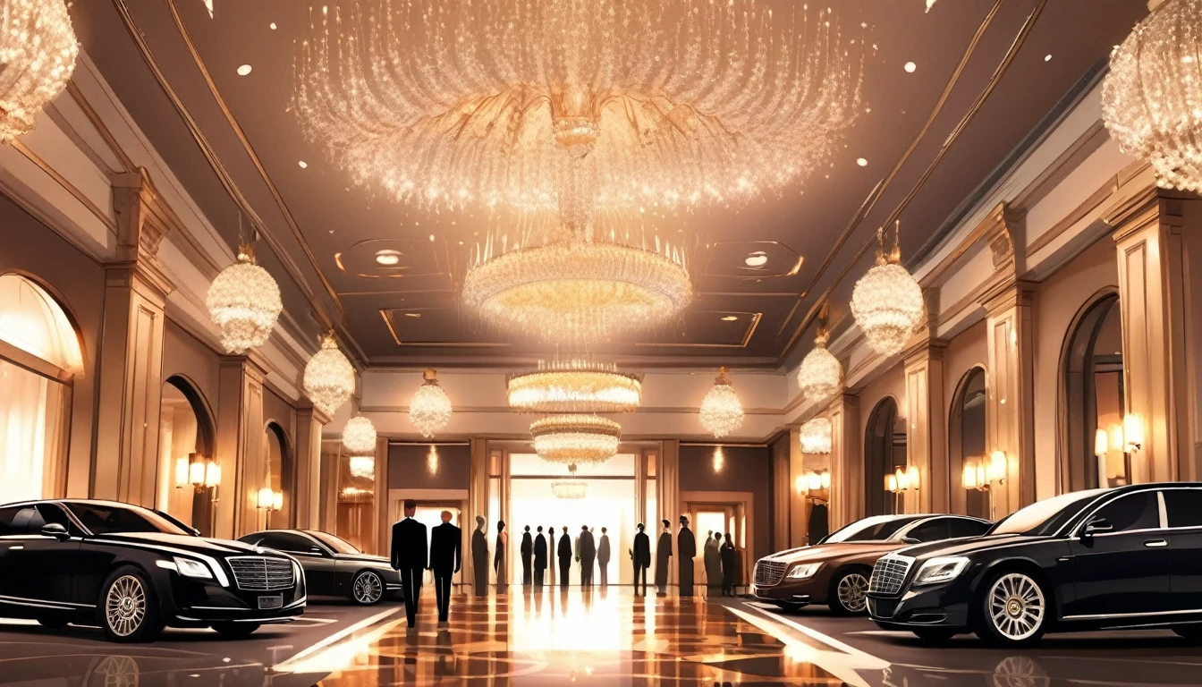 Luxurious entrance of a five-star hotel, elegant cars arriving, glamorous guests entering and exiting, bright flashes from cameras, lively and sophisticated atmosphere, anime style