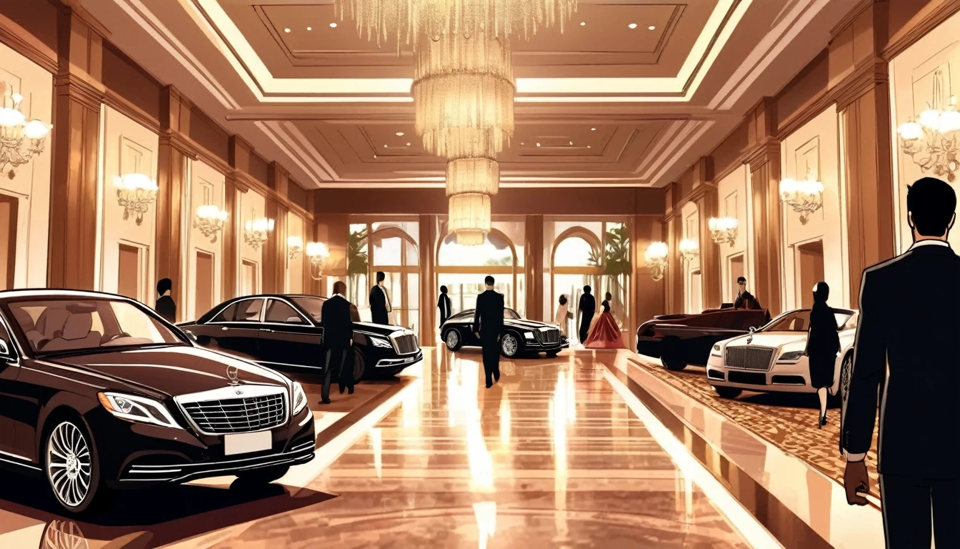Luxurious entrance of a five-star hotel, elegant cars arriving, glamorous guests entering and exiting, bright flashes from cameras, lively and sophisticated atmosphere, anime style