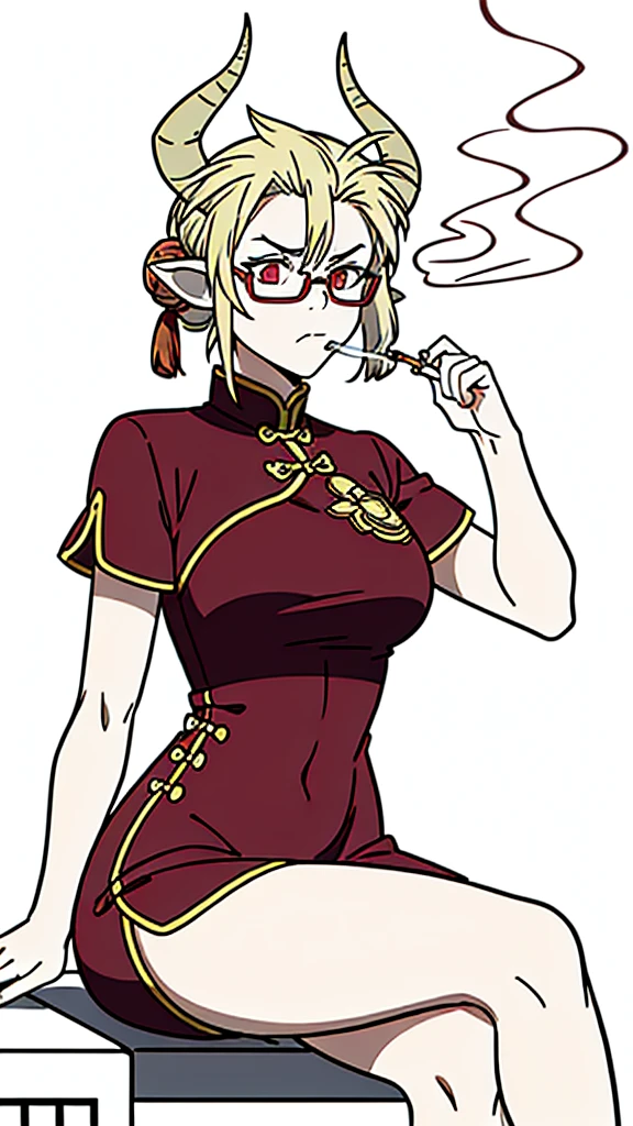 1girl,40 years old,milf,solo,(serious),blonde hair, short hair,(cow ears),(((smoking,sitting,crossed legs,))),red dress,double bun,bun cover,china dress,chinese clothes,short sleeves,((horns)),glasses,(white background,line drawing),upper body