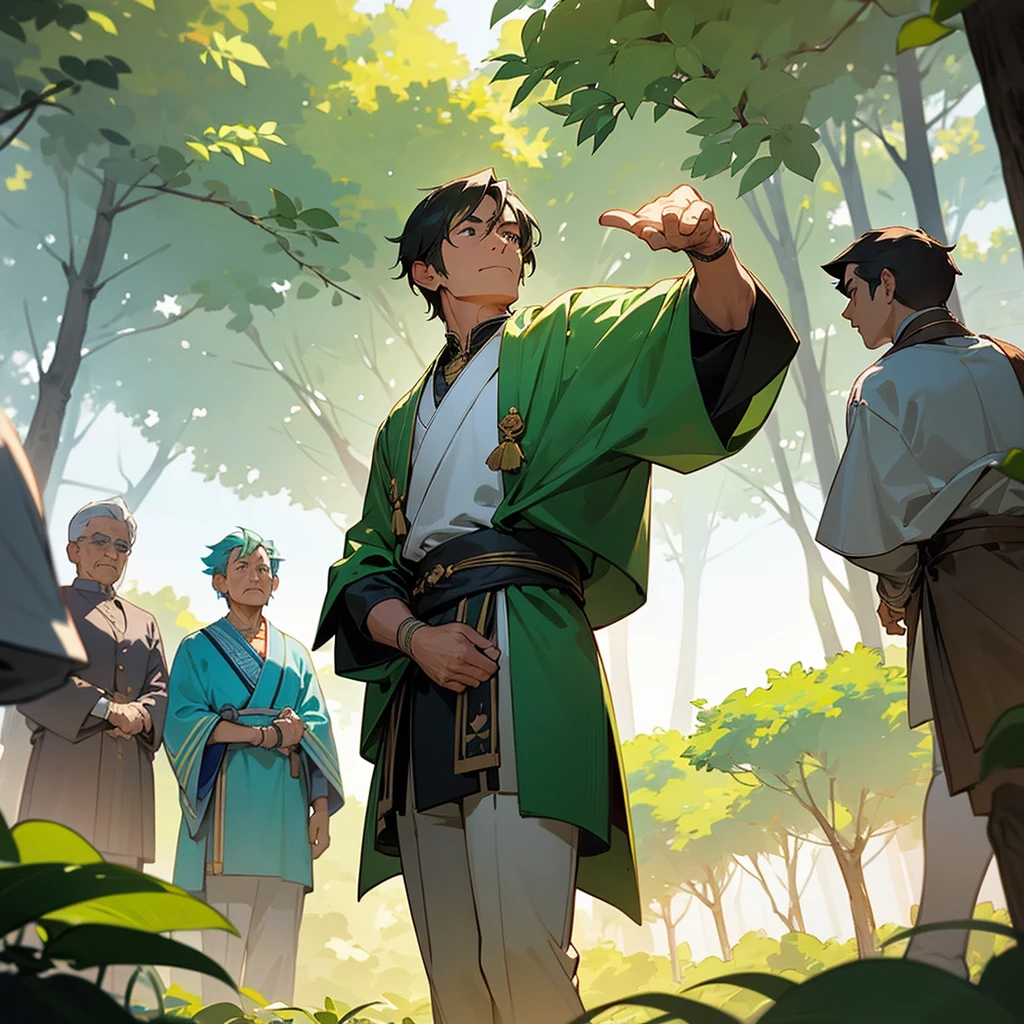 A scene of a respected man wearing a green advocate outfit, surrounded by people who admire and respect him. He stands at the center, projecting wisdom and confidence, with a gentle yet determined expression on his face. The background features a peaceful and inspiring community gathering, with lush greenery and soft sunlight filtering through the trees. People of different ages and backgrounds are gathered around him, some listening intently, others nodding in agreement, and a few expressing their gratitude, showcasing their admiration and trust in his guidance.