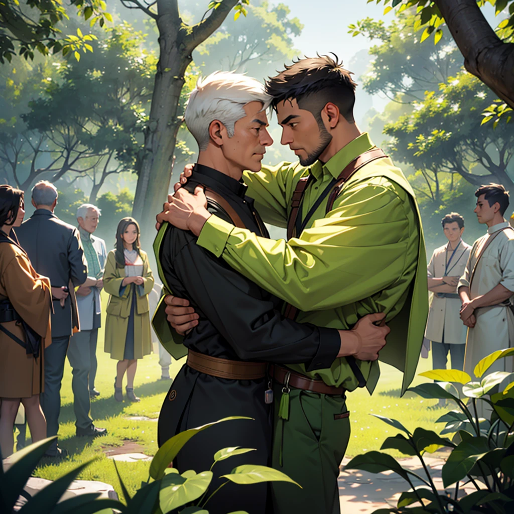 A scene of a respected man wearing a green advocate outfit, surrounded by people who admire and respect him. He stands at the center, projecting wisdom and confidence, with a gentle yet determined expression on his face. The background features a peaceful and inspiring community gathering, with lush greenery and soft sunlight filtering through the trees. People of different ages and backgrounds are gathered around him, some listening intently, others nodding in agreement, and a few expressing their gratitude, showcasing their admiration and trust in his guidance.