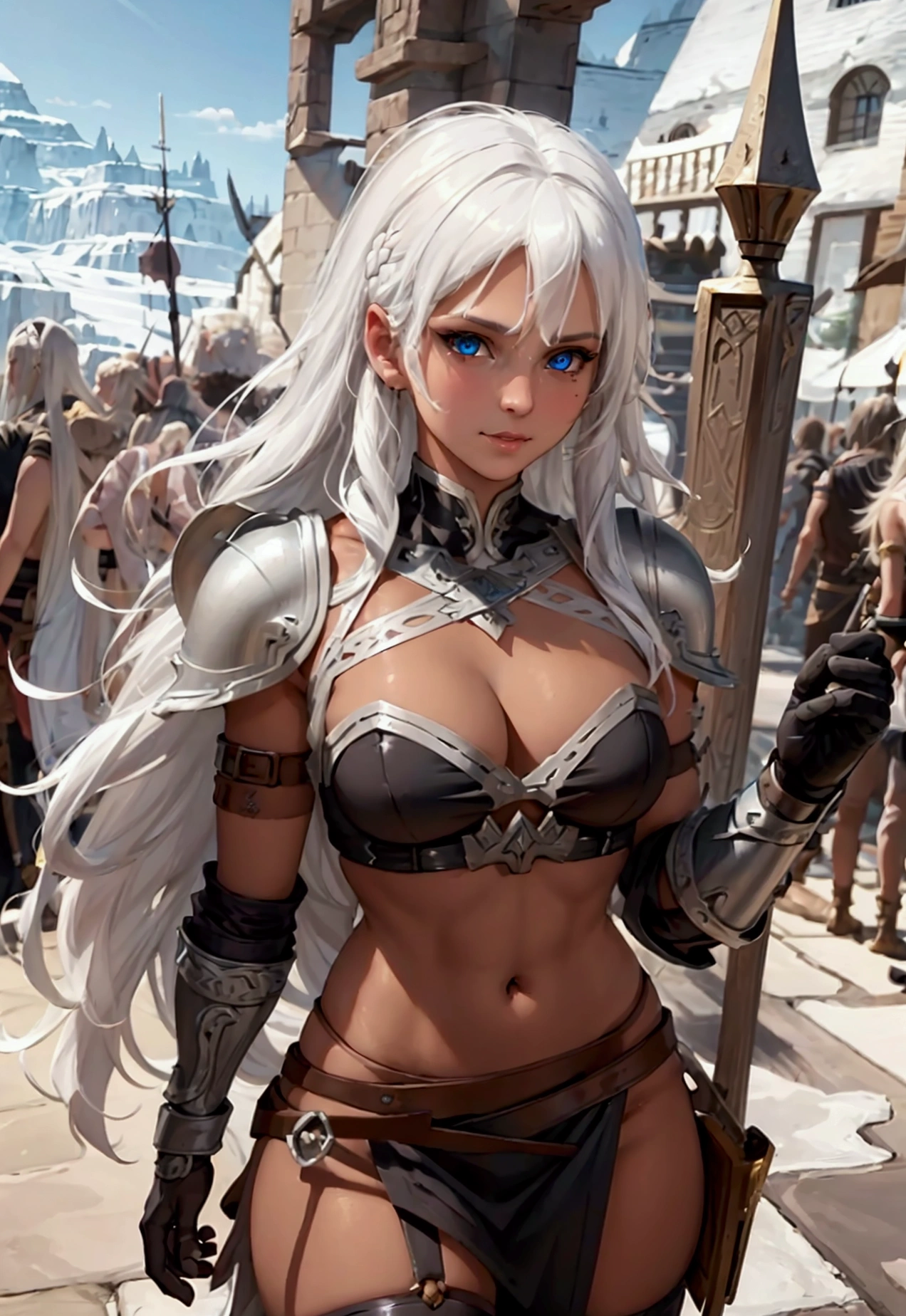 Masterpiece, best quality, brilliant details, cinematic lighting, exciting perspective, Barbarian armor, young pretty woman, beautiful face, perfect eyes, perfect proportions, norse type, tan skin, white hair, viking warrior, 